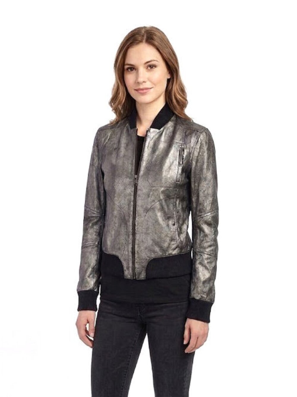Tomas Maier Metallic Leather Bomber Jacket, Grey Silver, Womens Size 4